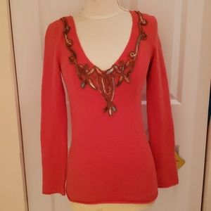 Free People We The Free Red Orange Embroidered Sweater